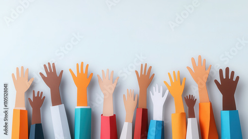 Colorful paper hands reaching upwards symbolize unity and diversity. This illustration captures essence of collaboration and support in vibrant and creative way