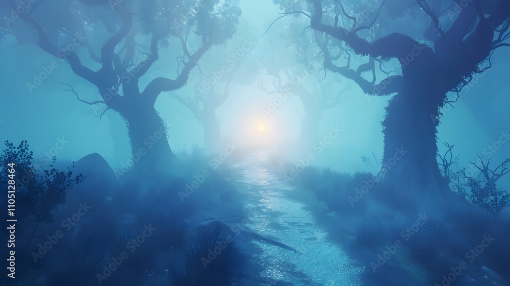 Fototapeta premium Mystical Stream Flows Through Foggy Forest Trees