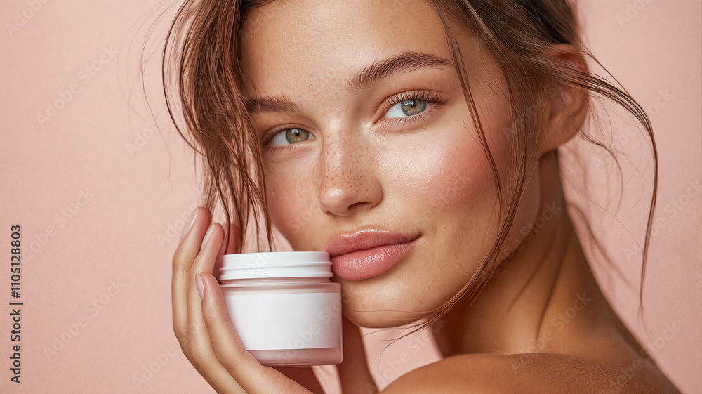 Woman with freckles showcasing face cream. Natural skincare routine, beauty tips, healthy skin concept. Ideal for beauty blogs Woman with freckles showcasing face cream. Natural skincare routine, beauty tips, healthy skin concept. Ideal for beauty blogs