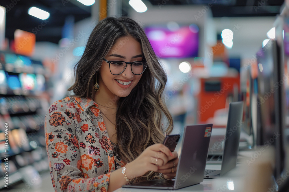 Fototapeta premium woman using laptop in mall