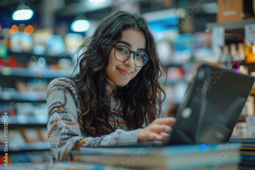 woman using laptop in mall
