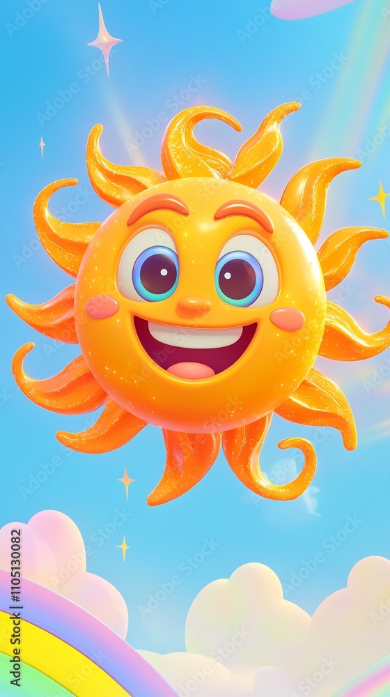 Fototapeta premium Cheerful and Smiling Sun Cartoon Character in a Vibrant Colorful Sky with Clouds and Rainbow Background Whimsical Positive and Optimistic for Weather Nature or Graphic Design
