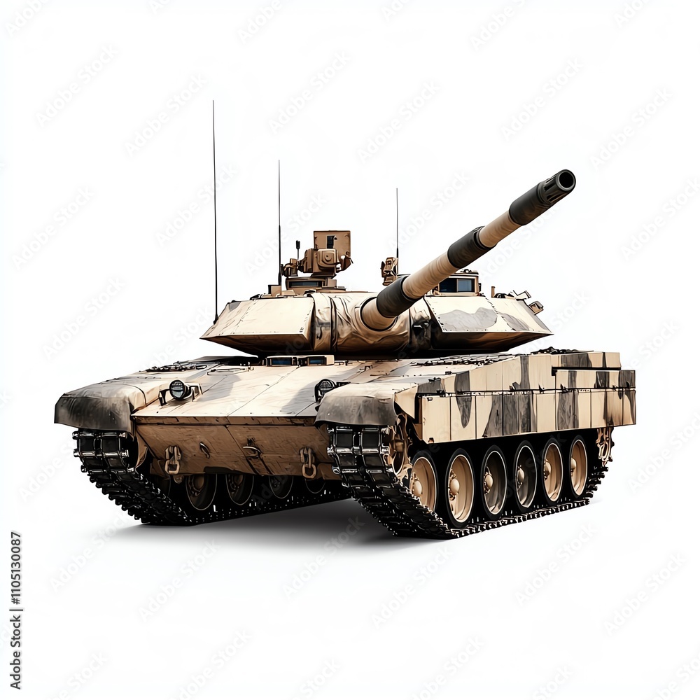 A military tank with a camouflage pattern, featuring a large cannon and multiple antennas, designed for armored warfare and ground combat. A military tank with a camouflage pattern, featuring a large cannon and multiple antennas, designed for armored warfare and ground combat.