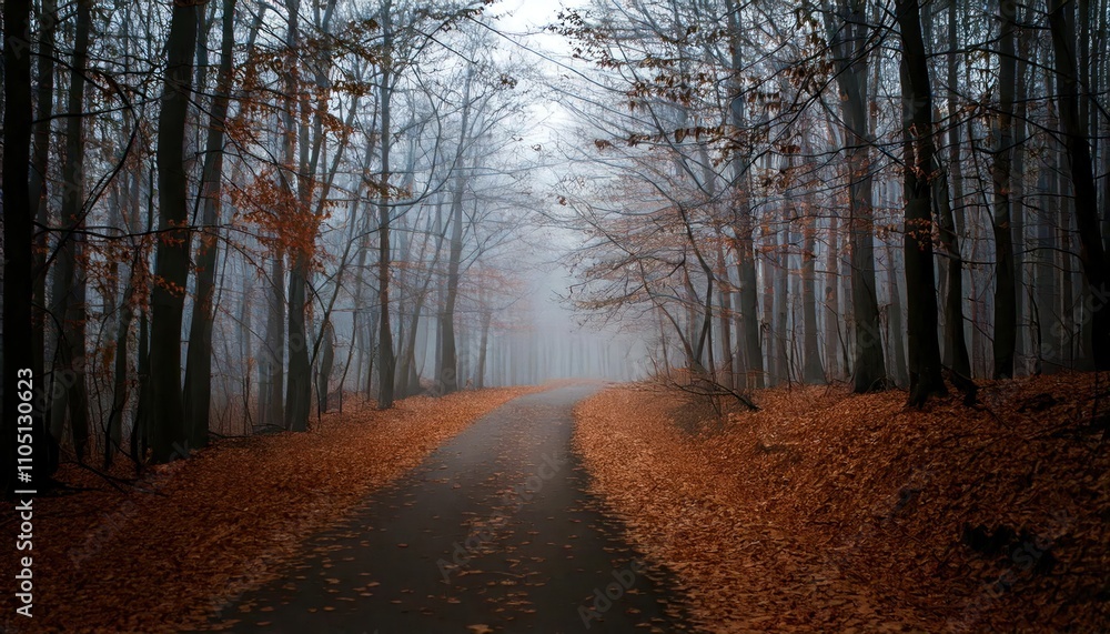 Mysterious Dark Autumn Forest In Fog With Road, Trees And Branch Mysterious Dark Autumn Forest In Fog With Road, Trees And Branch