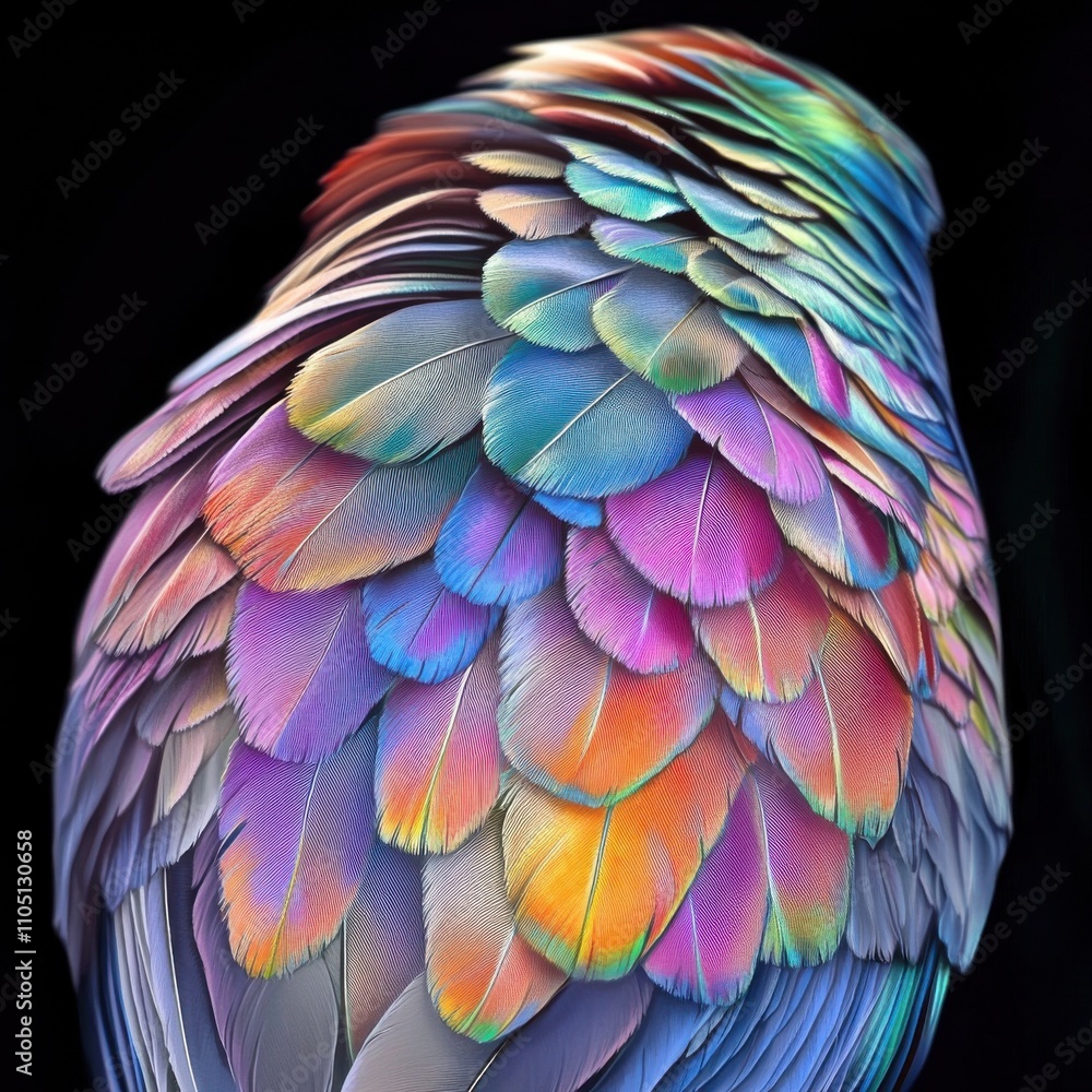 A close-up view of iridescent bird feathers showcasing vibrant colors and intricate textures against a dark background. A close-up view of iridescent bird feathers showcasing vibrant colors and intricate textures against a dark background.