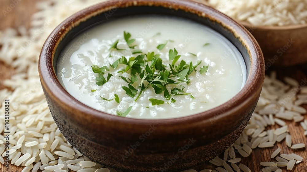 A bowl of rice in milk, topped with green herbs, surrounded by rice grains, creating a sense of warmth, tradition, and wholesome nourishment A bowl of rice in milk, topped with green herbs, surrounded by rice grains, creating a sense of warmth, tradition, and wholesome nourishment