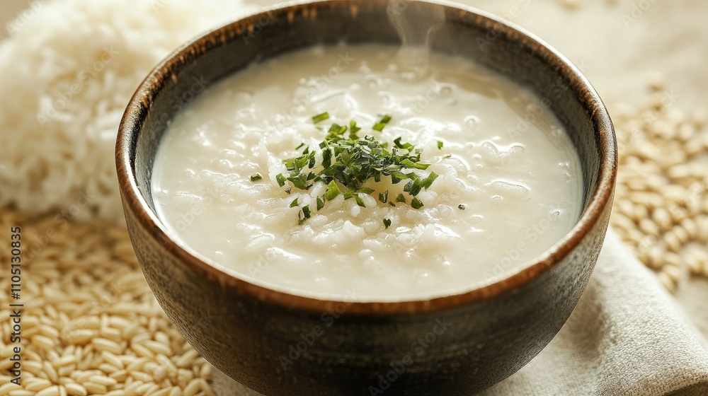 A bowl of rice in milk, topped with green herbs, surrounded by rice grains, creating a sense of warmth, tradition, and wholesome nourishment A bowl of rice in milk, topped with green herbs, surrounded by rice grains, creating a sense of warmth, tradition, and wholesome nourishment