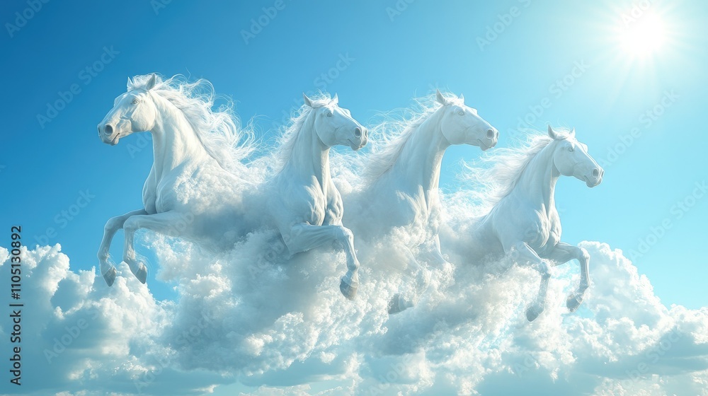 A breathtaking cloud formation shaped like three horses galloping across a clear blue sky, with the sun casting a warm glow. A breathtaking cloud formation shaped like three horses galloping across a clear blue sky, with the sun casting a warm glow.