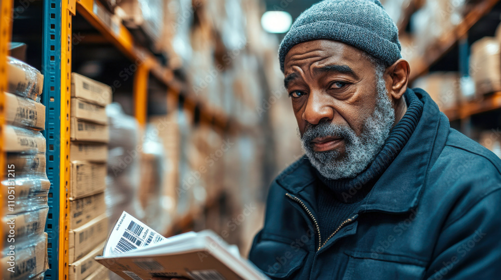 Older man in warehouse checking inventory with serious expression Older man in warehouse checking inventory with serious expression
