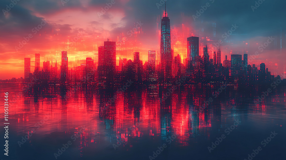 Abstract view of a city skyline influenced by economic policy changes, represented by digital overlays of economic data Abstract view of a city skyline influenced by economic policy changes, represented by digital overlays of economic data