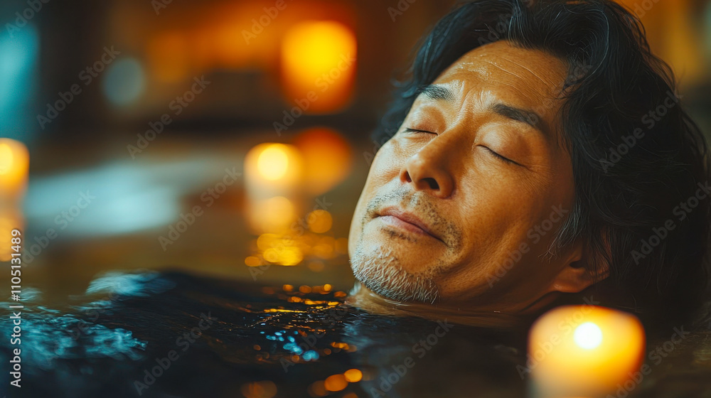 Relaxed asian man enjoying candlelit bath in evening tranquility Relaxed asian man enjoying candlelit bath in evening tranquility