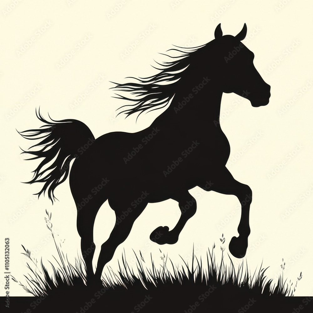 Silhouette of a galloping horse against a pale background, showcasing its graceful movement and flowing mane. Silhouette of a galloping horse against a pale background, showcasing its graceful movement and flowing mane.