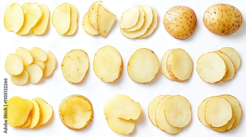A collection of potato slices and cuts, arranged in a visually appealing way, highlighting the different textures and preparations for this beloved staple. A collection of potato slices and cuts, arranged in a visually appealing way, highlighting the different textures and preparations for this beloved staple.