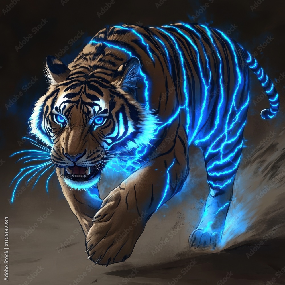 A fierce and powerful tiger with glowing blue stripes, capturing a dynamic sense of motion and strength. A fierce and powerful tiger with glowing blue stripes, capturing a dynamic sense of motion and strength.