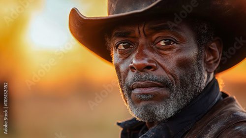 Senior black man outdoors in cowboy hat during sunset with pensive expression