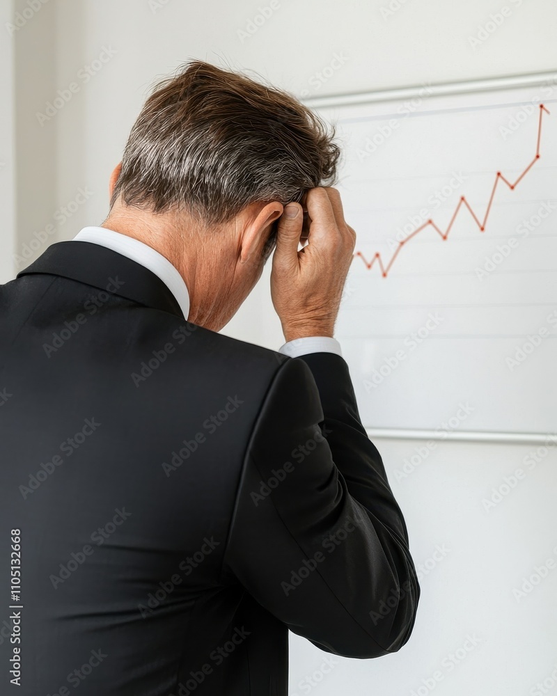 A businessman looks distressed while examining a rising graph, showcasing the pressure of financial decisions and market performance. A businessman looks distressed while examining a rising graph, showcasing the pressure of financial decisions and market performance.