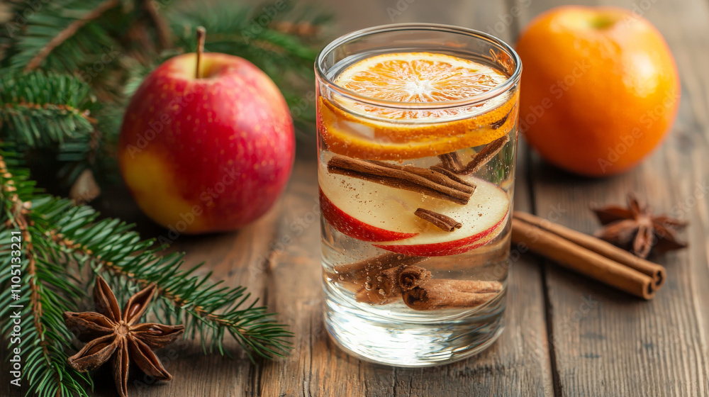 refreshing glass of apple cinnamon water with orange slices, surrounded by fresh apples, oranges, cinnamon sticks, and star anise on rustic wooden table refreshing glass of apple cinnamon water with orange slices, surrounded by fresh apples, oranges, cinnamon sticks, and star anise on rustic wooden table
