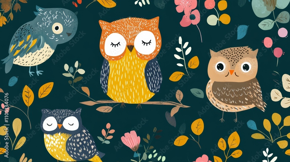 Obraz premium Cute Owls Floral Pattern Autumn Birds Kids Wallpaper
