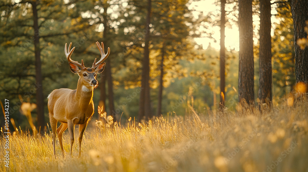 Majestic deer in sunlit meadow with beautiful antlers in late afternoon light Majestic deer in sunlit meadow with beautiful antlers in late afternoon light