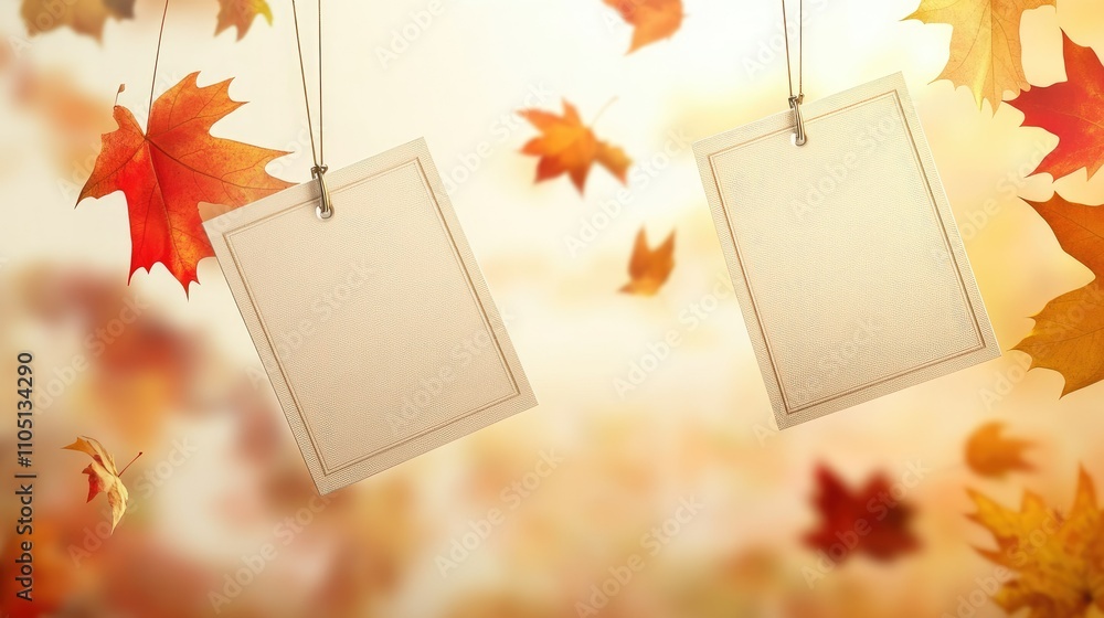 Fototapeta premium A pair of rectangular promotional labels suspended with flying autumn leaves in the background, capturing the essence of fall and seasonal promotions for retail or marketing use