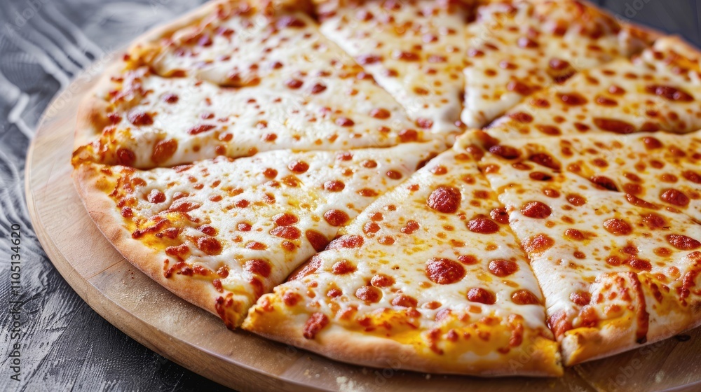 Four-cheese pizza displayed on wooden surface on gray tabletop Four-cheese pizza displayed on wooden surface on gray tabletop