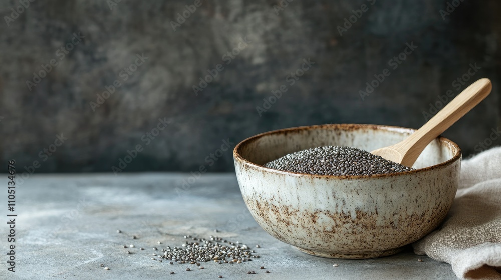 A rustic ceramic bowl brimming with chia seeds, complemented by a wooden spoon on a textured surface, reflecting a wholesome, natural lifestyle and nutrition. A rustic ceramic bowl brimming with chia seeds, complemented by a wooden spoon on a textured surface, reflecting a wholesome, natural lifestyle and nutrition.
