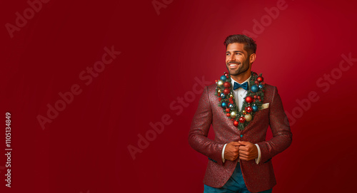 Handsome and irresistible man with a charming smile, wearing a tuxedo made of Christmas ornaments, standing in front of a solid background, in the spirit of the holidays, Christmas, and New Year photo