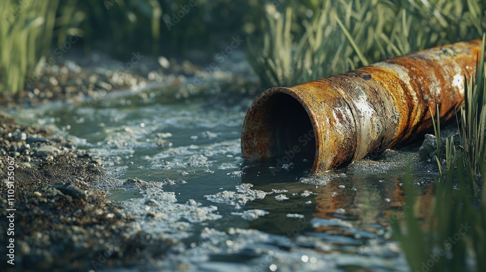 A rusty sewer pipe leaks dirty, oily water into the surroundings, highlighting the environmental dangers of waste disposal and water pollution A rusty sewer pipe leaks dirty, oily water into the surroundings, highlighting the environmental dangers of waste disposal and water pollution