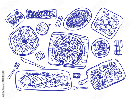 Silhouette Meal of delicious food, Dolce vita dinner art style. Doodle blue line, texture, scribble sketch. Dinner at the restaurant, romantic night. Big meal. Grilled fish, pizza, Charcuterie Board 