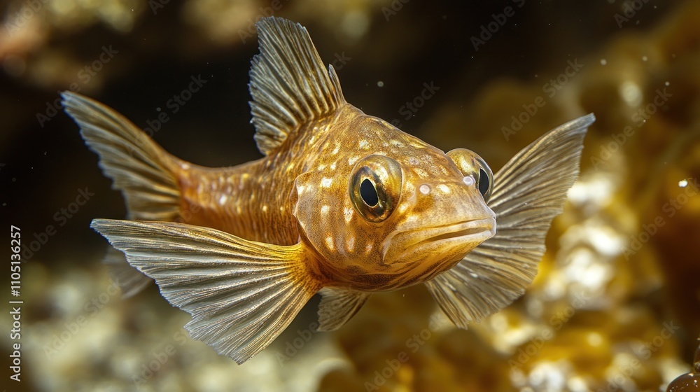 Fototapeta premium Close-up of a small, orange fish with large, dark eyes swimming near a rock.
