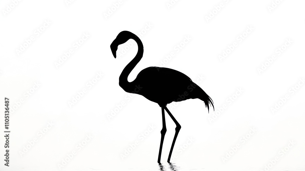 Flamingo Silhouette Standing in Shallow Water Flamingo Silhouette Standing in Shallow Water