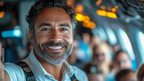 Smiling man with beard on a crowded airplane during daytime flight photo