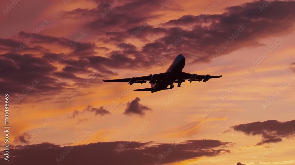 Airplane Flying Against Dramatic Sunset Sky with Colorful Clouds Airplane Flying Against Dramatic Sunset Sky with Colorful Clouds