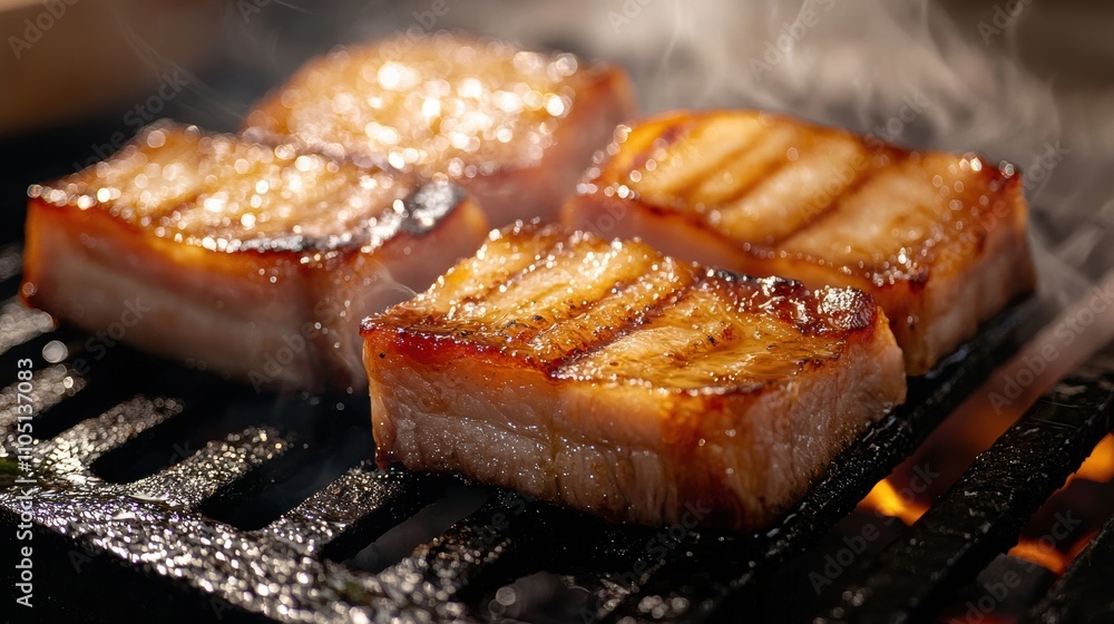 Grilling pork belly slices backyard barbecue food photography outdoor close-up culinary art Grilling pork belly slices backyard barbecue food photography outdoor close-up culinary art