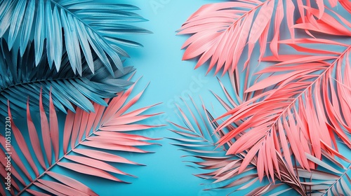 Tropical Leaf Composition in Pink and Blue