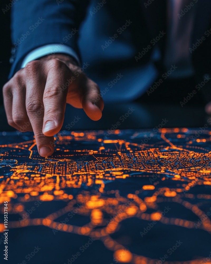 A hand points at an illuminated map, emphasizing a focus on data visualization and urban planning. A hand points at an illuminated map, emphasizing a focus on data visualization and urban planning.