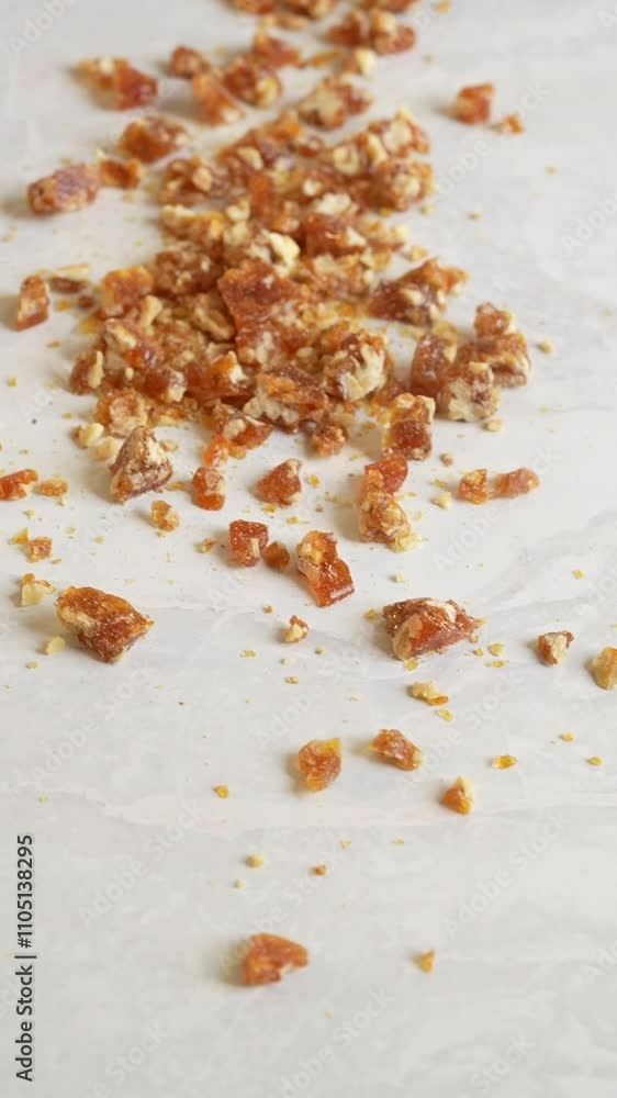 A chief adds nuts on a table, close up shot, insert shot A chief adds nuts on a table, close up shot, insert shot