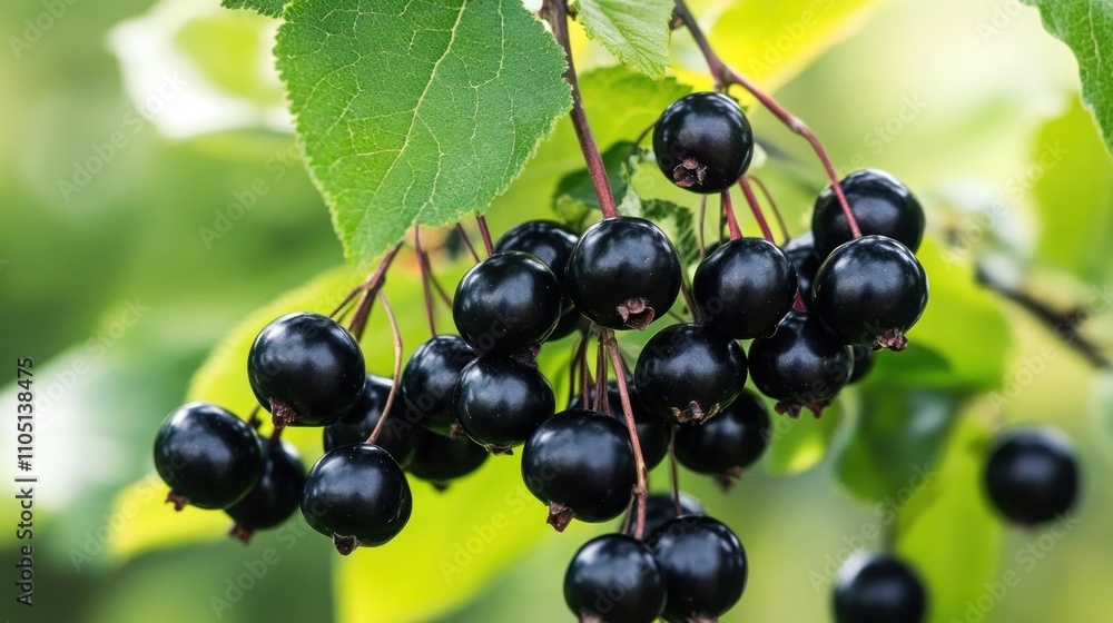 Close-up of ripe, dark black berries hanging on a branch with green leaves. Close-up of ripe, dark black berries hanging on a branch with green leaves.
