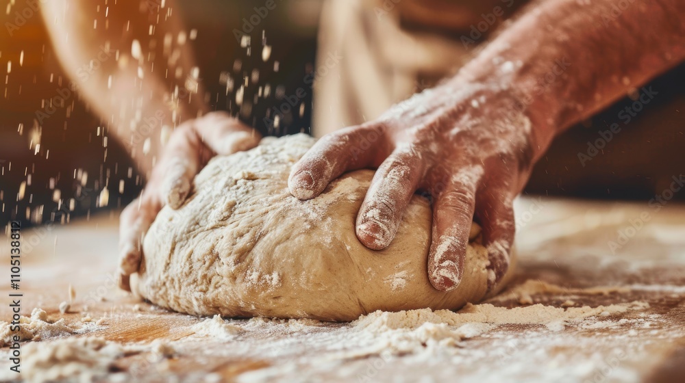 Hands Kneading Dough on a Wooden Surface with Flour Dusting Hands Kneading Dough on a Wooden Surface with Flour Dusting