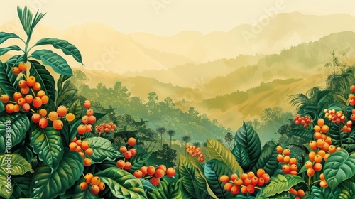Lush coffee plantation in misty mountain valley at sunrise.