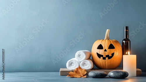 Halloween spa scene with pumpkin, towels, stones, and candle. photo