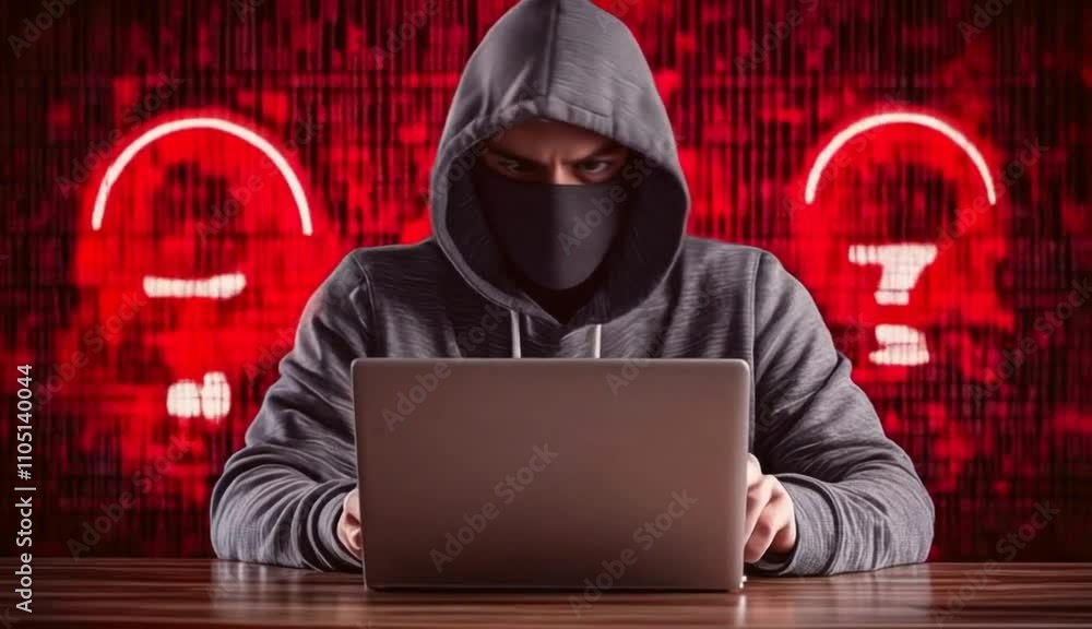 A hooded figure working on a laptop against a red digital background, symbolizing cybersecurity threats. A hooded figure working on a laptop against a red digital background, symbolizing cybersecurity threats.