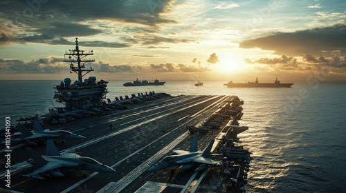 Military aircraft resting on a busy aircraft carrier, preparing for launch, with a naval fleet in the distance. photo