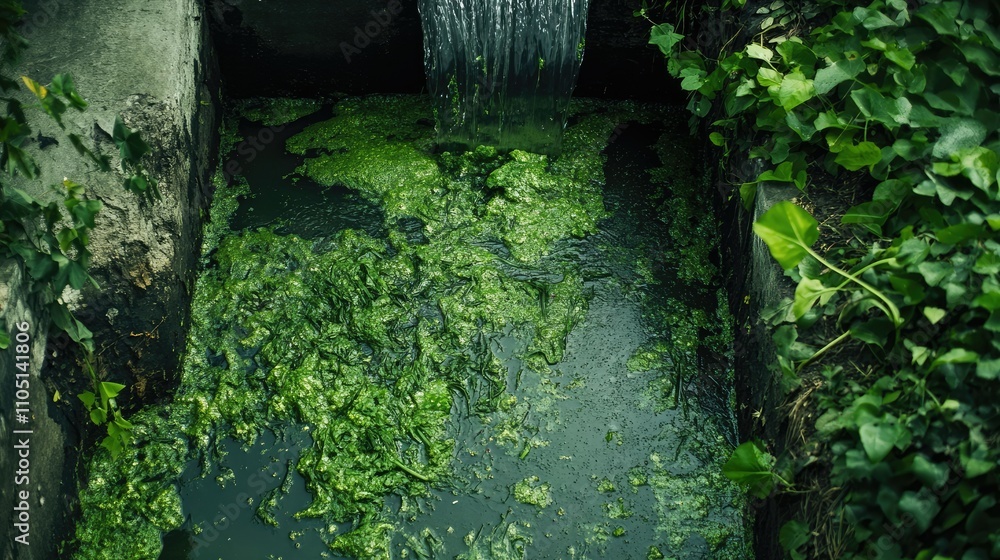 Overflowing green waste from a sewer pipe contaminates the water below, illustrating the negative effects of improper waste management on the environment Overflowing green waste from a sewer pipe contaminates the water below, illustrating the negative effects of improper waste management on the environment