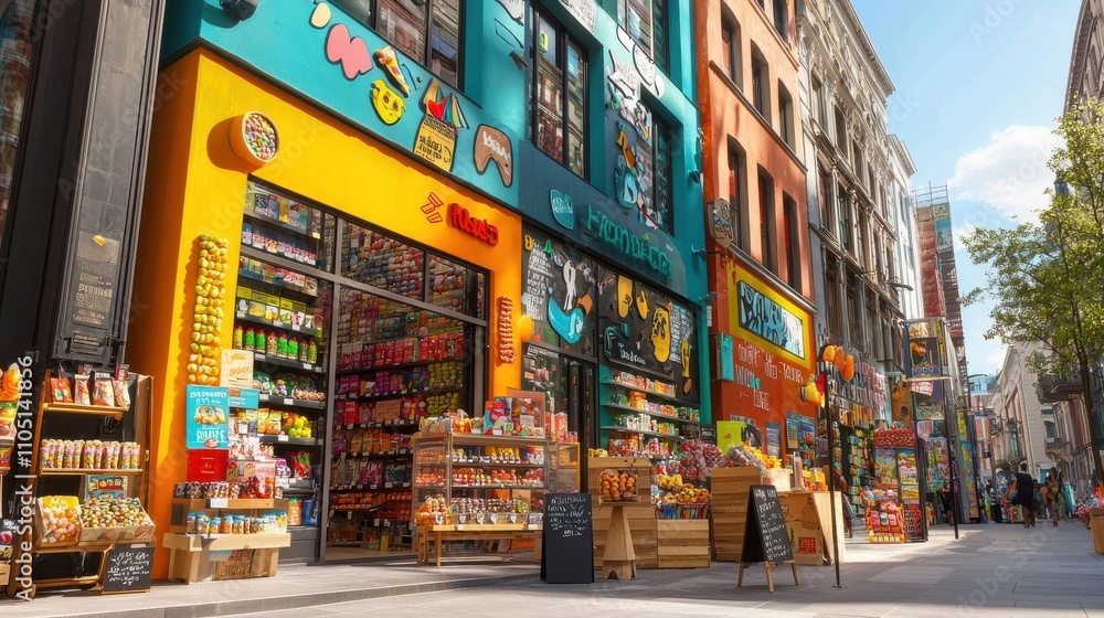 Naklejka premium Exploring a colorful candy store facade with vibrant displays in a lively urban environment for sweet treat enthusiasts