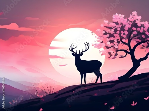 Abstract minimalist spring scene with a single, sharp silhouette of a deer and of a blooming tree photo