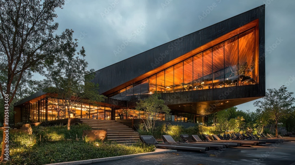 Innovative fitness experience at a modern gym urban setting architectural masterpiece front view bold design concept for health and well-being Innovative fitness experience at a modern gym urban setting architectural masterpiece front view bold design concept for health and well-being