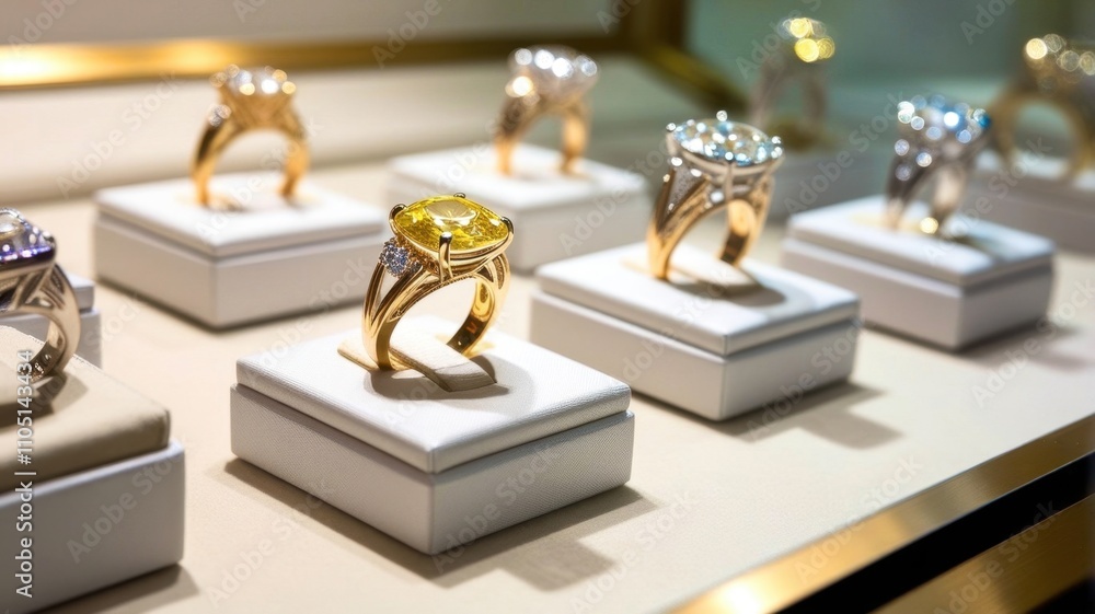 Display of rings, including a yellow one Display of rings, including a yellow one
