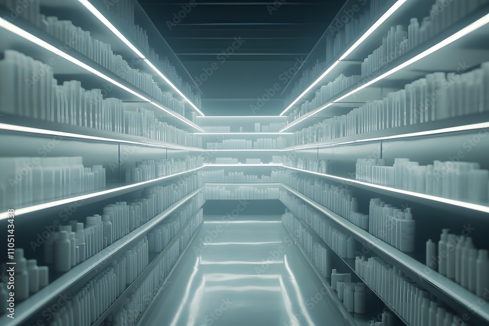 Fototapeta premium Pharmacy aisle with neatly organized medicine, bright lighting. National Pharmacist Day.