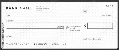 Bank check, vector blank money cheque, checkbook template with guilloche pattern and fields. Currency payment coupon, money check background	